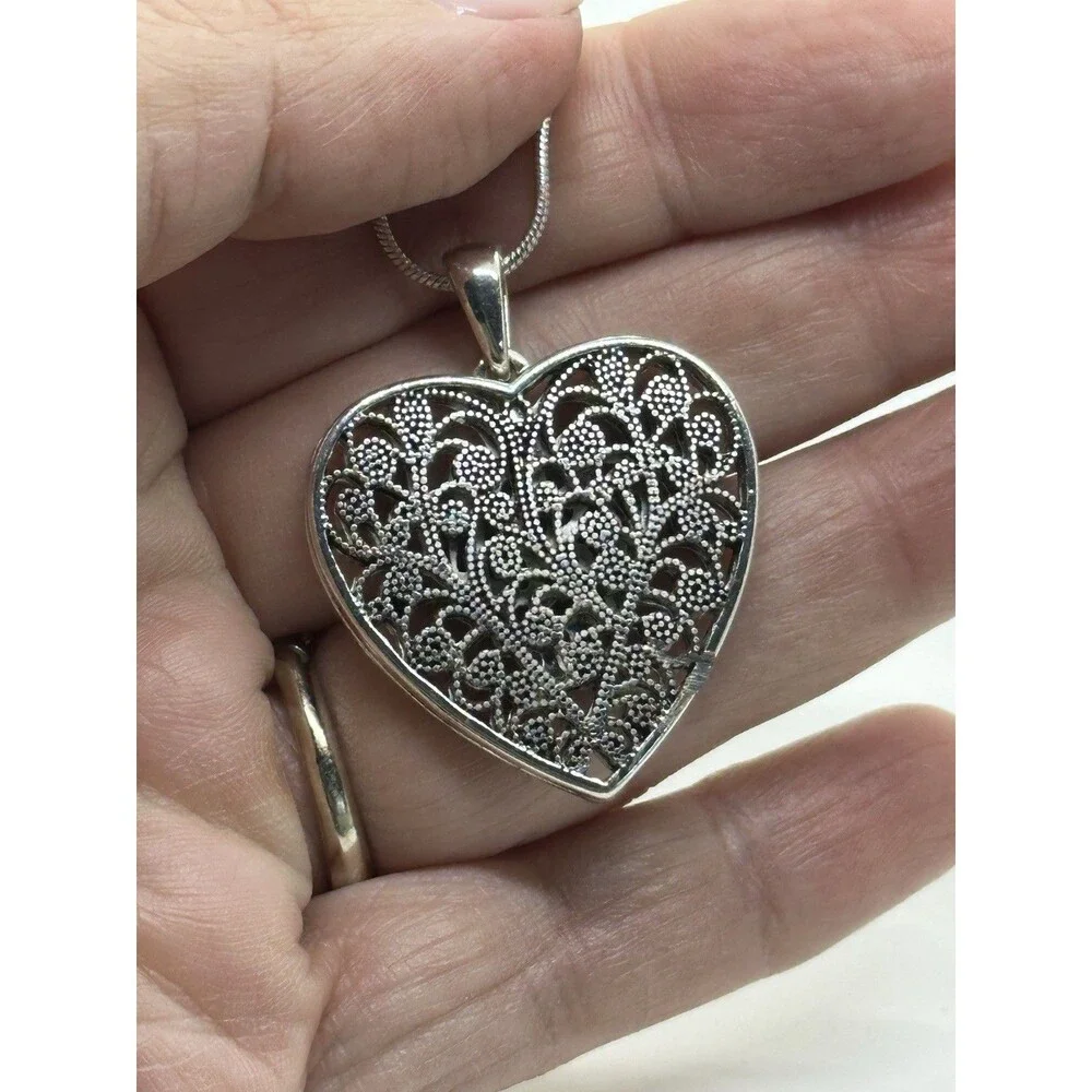 Filigree Heart Pendant Necklace Silver Tone Cottagecore Romantic